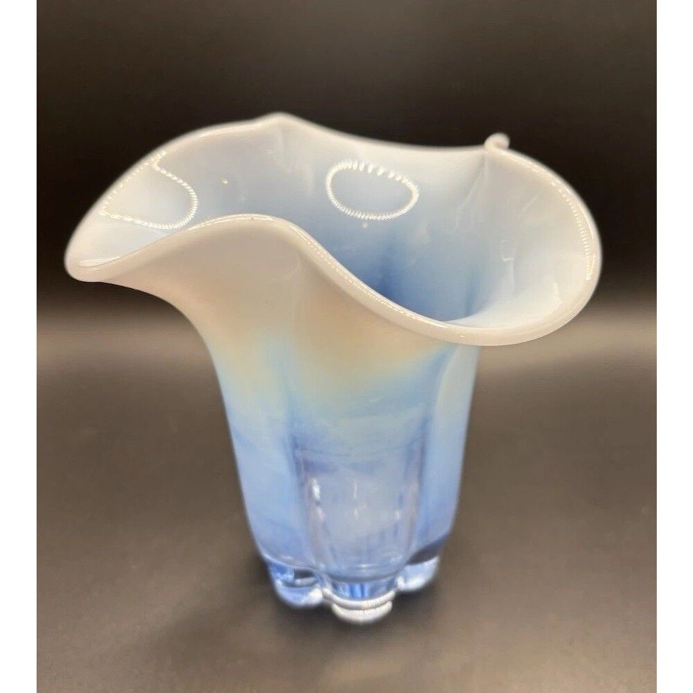 Duncan & Miller CANTERBURY #115 Blue Opalescent Glass Crimped Vase  5” tall